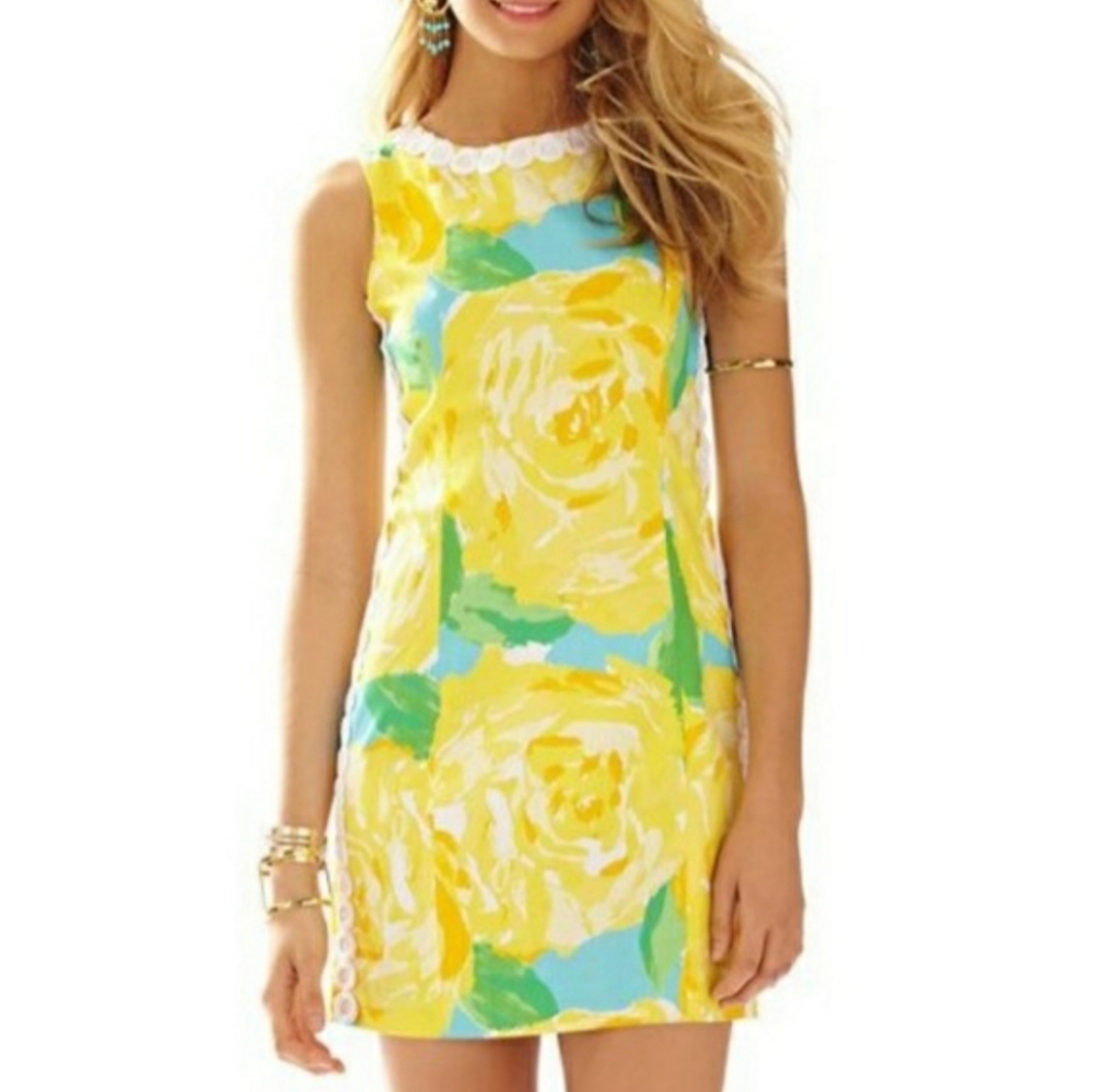 Lilly Pulitzer Yellow Floral Shift Dress with Aqua and Green Accents